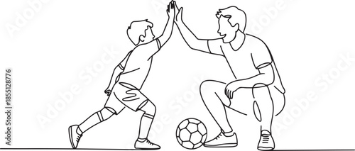 One line drawing of young happy father bow his body to give high five gesture to his boy while playing soccer on football court. Parenting concept. one line Icon drawing