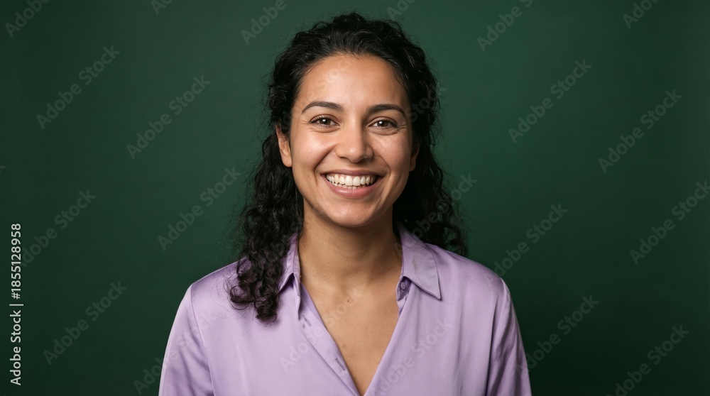 Naklejka premium Israeli Woman Happy Young Woman with Curly Hair and a Radiant Smile Wearing a Lavender Shirt Against a Dark Green Background