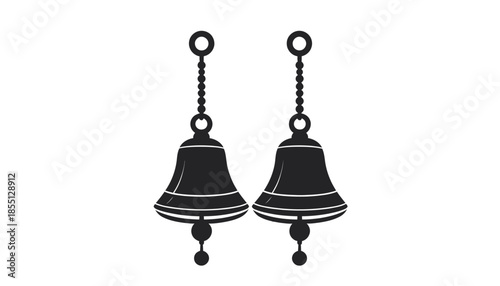 Two decorative bells hanging from a chain, isolated on white background.