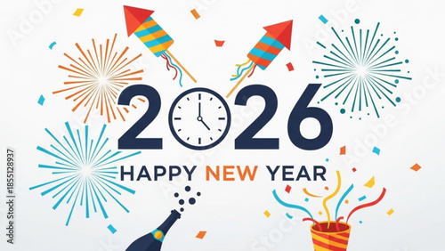 A colorful graphic celebrating the new year 2026 with fireworks and confetti on a white background with a clock striking midnight