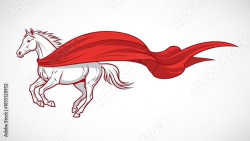 A white horse with a red cape flowing behind it runs dynamically across a plain white background in a powerful and free movement.