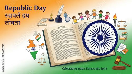 Republic day india celebration with children holding hands around open book and indian flag wheel symbolizing democracy and freedom on green orange white background