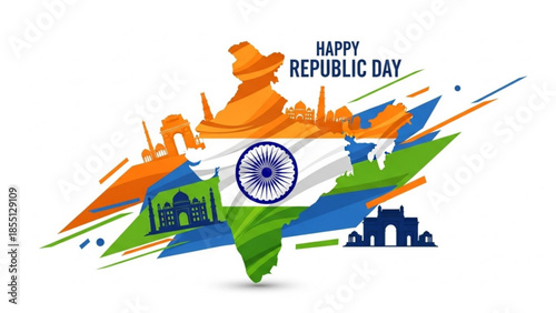 Vibrant india republic day celebration graphic with iconic landmarks and flag elements in orange, white, and green hues