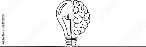 Single continuous line drawing of half light bulb and half human brain logo label. Smart power and psychological company icon label concept. one line Icon drawing