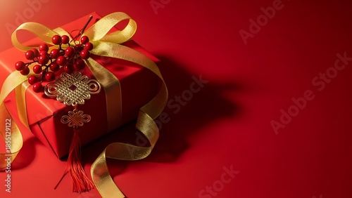 A heart shaped gift box with gold ribbon and flowers on a red background