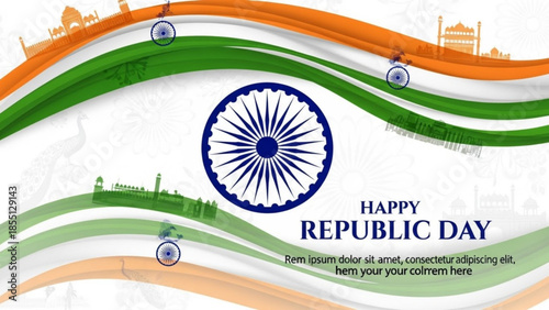 Indian republic day celebration graphic with tricolor waves and ashoka chakra symbol on white background for india national holiday