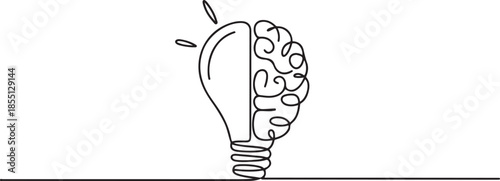 Single continuous line drawing of half light bulb and half human brain logo label. Smart power and psychological company icon label concept. one line Icon drawing