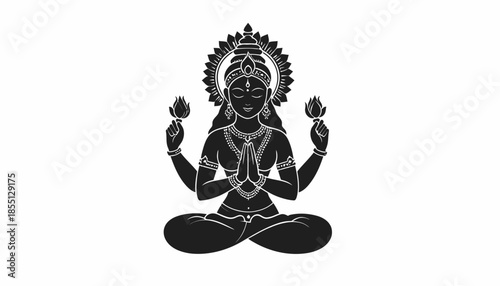 Silhouette illustration of goddess Lakshmi in lotus position on white background.
