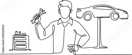 Single continuous line drawing of young man mechanic holding wrench set at car workshop garage. Professional work job occupation. Minimalism concept. one line Icon drawing