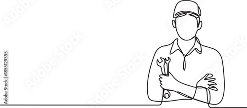 Single continuous line drawing of young man mechanic holding wrench set at car workshop garage. Professional work job occupation. Minimalism concept. one line Icon drawing