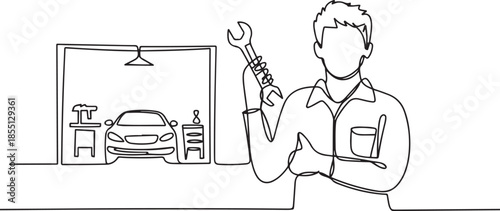 Single continuous line drawing of young man mechanic holding wrench set at car workshop garage. Professional work job occupation. Minimalism concept. one line Icon drawing