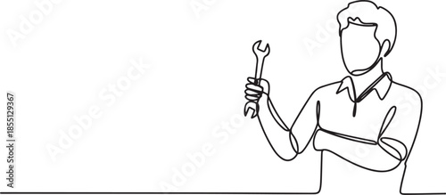 Single continuous line drawing of young man mechanic holding wrench set at car workshop garage. Professional work job occupation. Minimalism concept. one line Icon drawing