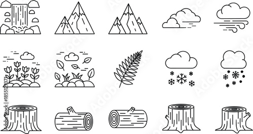 Nature and weather icon set featuring waterfalls, mountains, clouds, snow, flowers, bushes, logs, and tree stumps for environmental, educational, and design projects