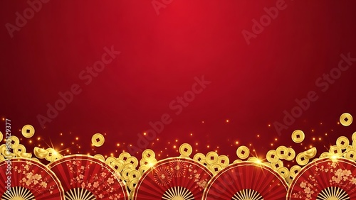Vibrant red background with golden ornate patterns and sparkling lights