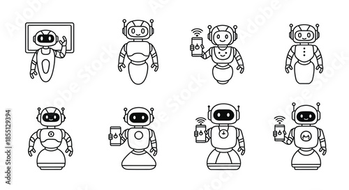 Variety of robot characters engaging in different activities