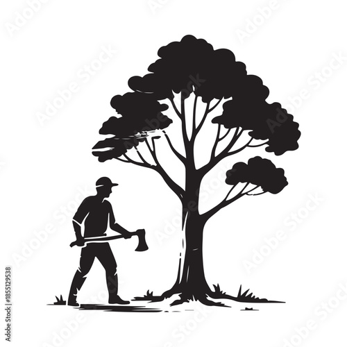 Silhouette of a lumberjack with an axe near a large full tree