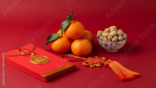 Chinese new year celebration still life with oranges red envelope and decorations