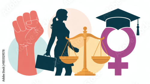 Symbolic composition for womens rights featuring justice scales raised fist and gender symbol art