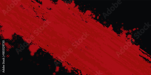 Red grunge diagonal brush stroke on black background with distressed texture for artistic design