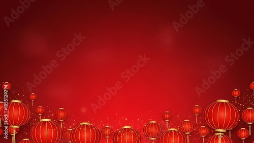 Vibrant red background with festive lanterns and ornate decorations