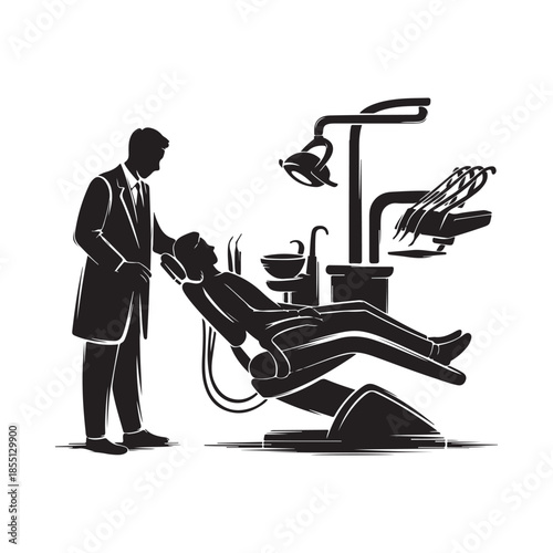 A silhouette of a dentist examining a patient in a dental chair