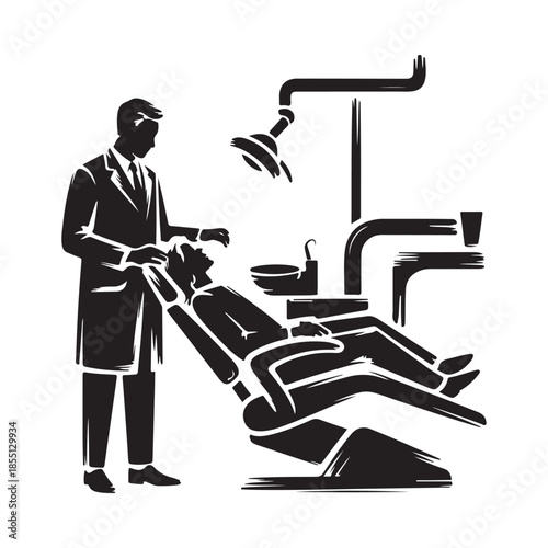 A dentist attending to a patient in a dental chair black and white