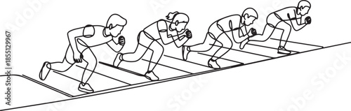 One single line drawing group of male and female worker gets ready on starting line to do sprint race together. Business running competition concept. one line Icon drawing