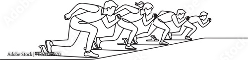 One single line drawing group of male and female worker gets ready on starting line to do sprint race together. Business running competition concept. one line Icon drawing