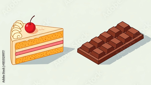 Slice of cake and chocolate bar