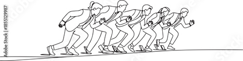 One single line drawing group of male and female worker gets ready on starting line to do sprint race together. Business running competition concept. one line Icon drawing