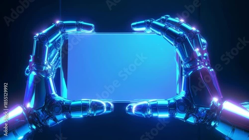 Futuristic robotic hands presenting glowing digital tablet in neon light