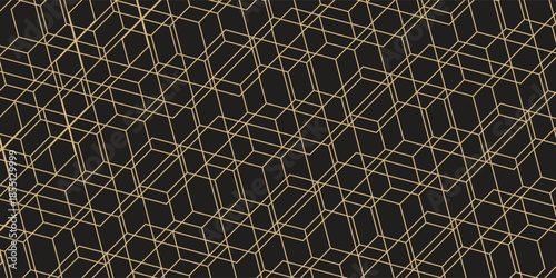 Golden geometric seamless pattern with abstract 3D cubes and lines on a dark background for modern design