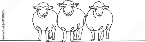 Single continuous line drawing of three sheeps lining up. Muslim holiday the sacrifice an animal to God, Eid al Adha greeting card concept. one line Icon drawing