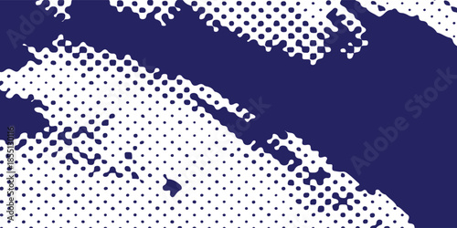 Abstract deep blue and white halftone dot pattern with grunge brush strokes for modern graphic design background