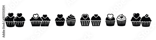 A set of valentine cupcakes silhouette icon. Valentines Day vector isolated on transparent background.