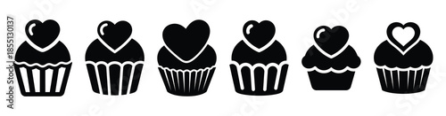 A set of valentine cupcake heart silhouette icon. Valentines Day vector isolated on transparent background.