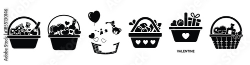 A set of valentine gift basket silhouette icon. Valentines Day vector isolated on transparent background.