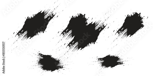 Black ink splatters and textured brush strokes on white for grunge design elements and abstract backgrounds