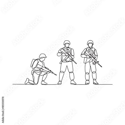 Continuous line drawing of three soldiers in tactical gear with rifles