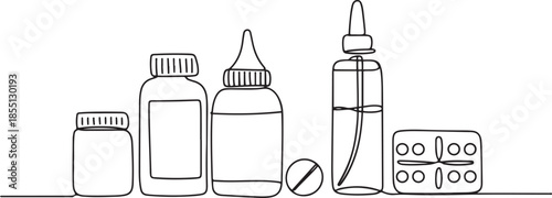 Single one line drawing medical concept. Cold, flu, cough preparations: medicinal syrup, nose spray, throat spray, pills. one line Icon drawing