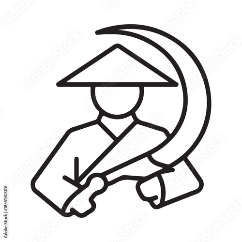 A simple line drawing depicts a farmer with a traditional conical hat and sickle