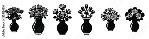 A set of valentine roses vase silhouette icon. Valentines Day vector isolated on transparent background.