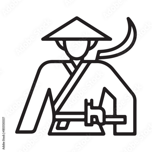 Line art illustration of a traditional farmer with a conical hat and scythe