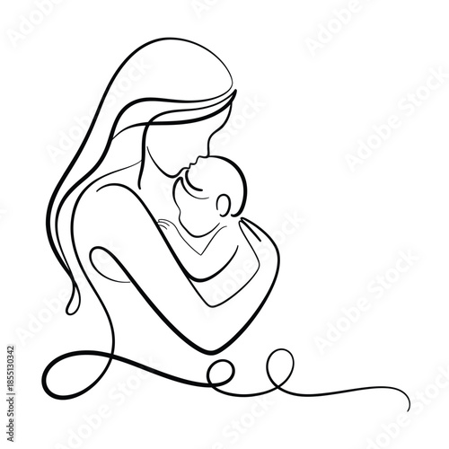 A mother lovingly cradling her newborn baby in a simple line drawing