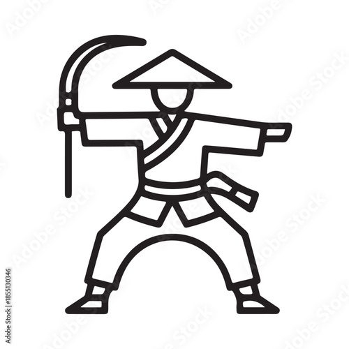 Stylized depiction of a traditional farmer with a sickle and conical hat