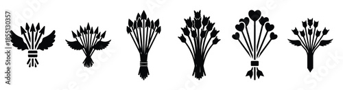 A set of cupid arrow bundle silhouette icon. Valentines Day vector isolated on transparent background.