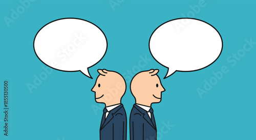 Minimalist illustration of two professional men in suits standing back to back with blank speech bubbles over a solid blue background.