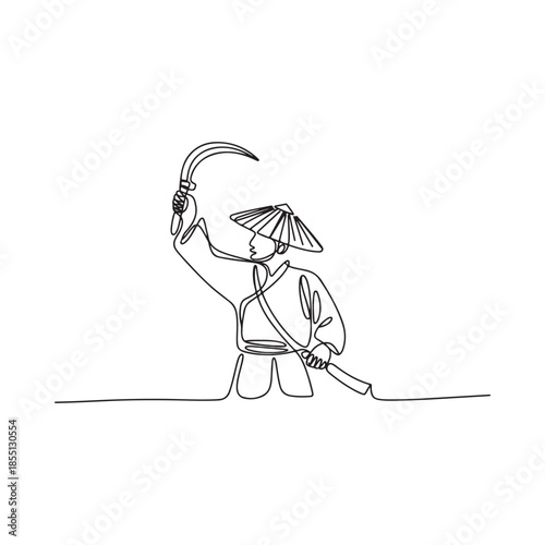 Continuous line drawing of a farmer with a conical hat and scythe