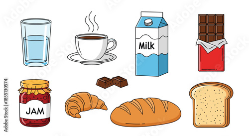 Selection of delicious breakfast food and drink items including a glass of water, hot coffee, milk, chocolate, fruit jam, and various breads.