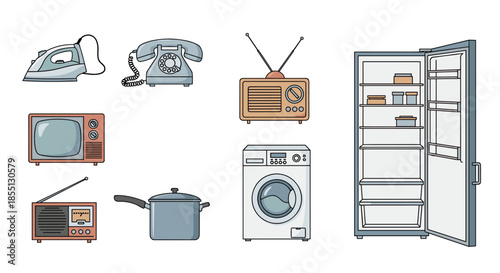 Collection of various household appliances and electronics including a steam iron, vintage telephone, radio, televisions, washing machine, and open fridge.